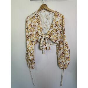 Cider Floral Long Sleeve Knotted Blouse Yellow Brown Ivory Boho Sz M